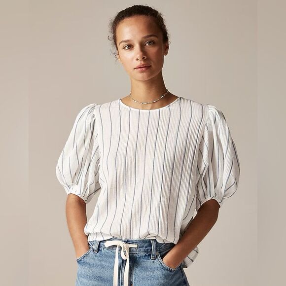 NWT J CREW Puff-sleeve top in sheer gauze in Ivory/Blue stripe - Picture 3 of 7